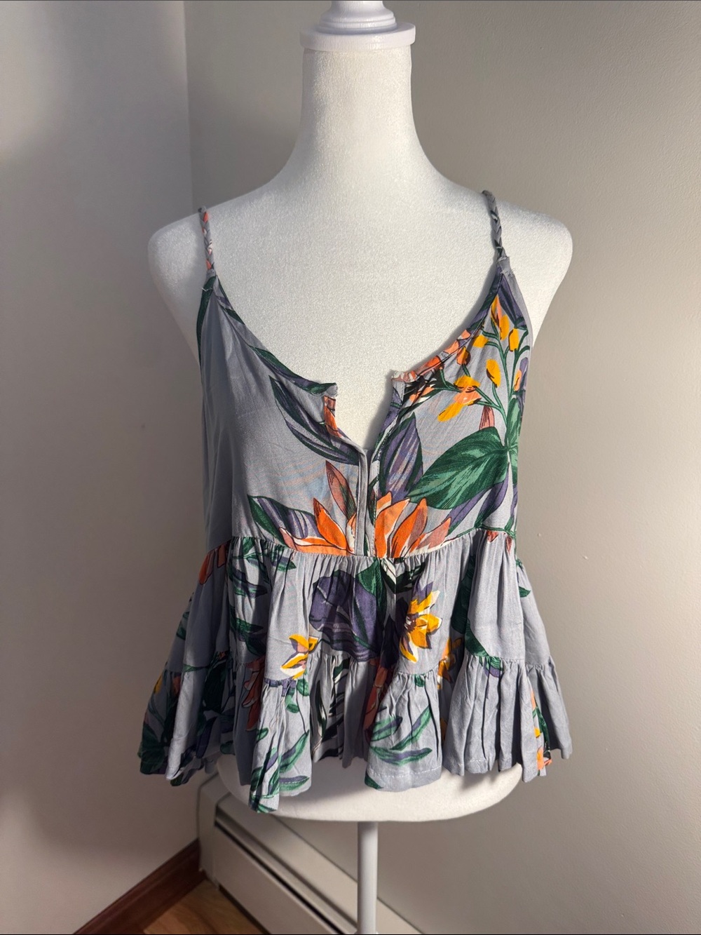Patrons of Peace Gray Floral Ruffle-Hem Spaghetti Strap Camisole